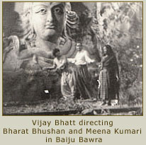 Vijay Bhatt directing Bharat Bhushan and Meena Kumari on the sets of Baiju Bawra