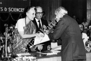 Then Prime Minister Smt. Indira Gandhi, honouring Vijay Bhatt for his contribution to the Indian Cinema.